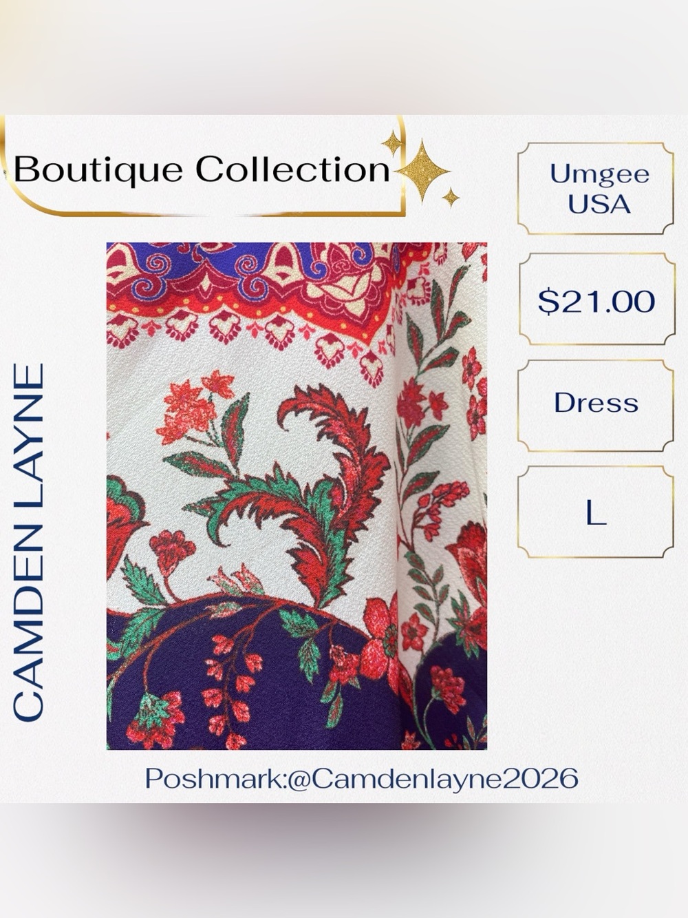 Floral V-Neck V-Back Summer Dress in Navy and White - Picture 8 of 9